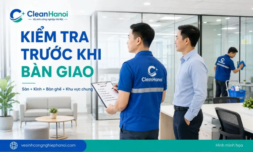 Người phụ trách CleanHanoi kiểm tra sàn, kính và khu vực làm việc trước khi bàn giao