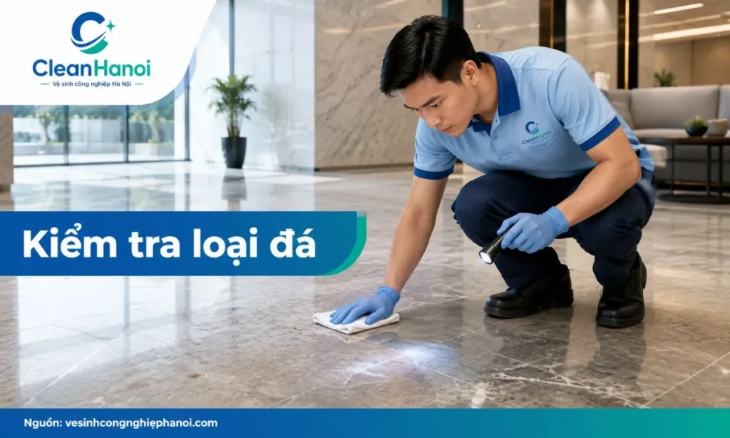 Ảnh minh họa bước kiểm tra sàn đá marble, granite, terrazzo hoặc đá nhân tạo trước khi đánh bóng để hạn chế xử lý sai bề mặt.