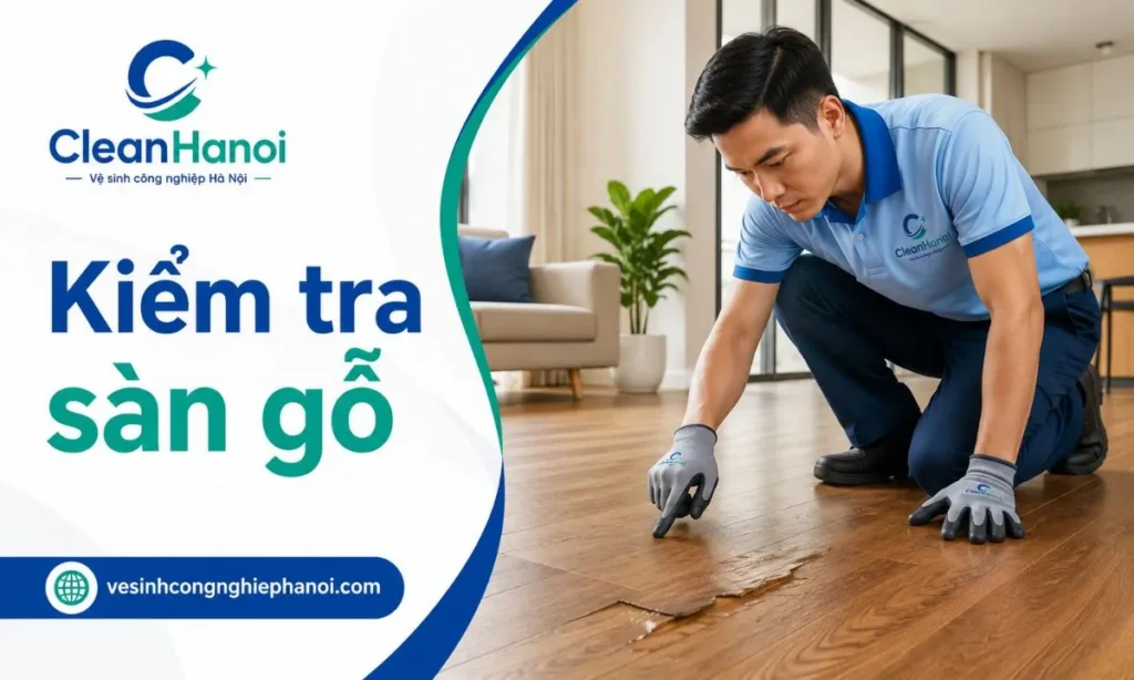 Ảnh minh họa bước kiểm tra sàn gỗ tự nhiên, sàn gỗ công nghiệp, lớp phủ bề mặt và các vị trí dễ hư hỏng trước khi đánh bóng hoặc phủ bóng.