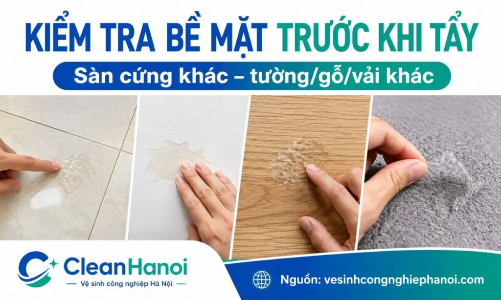Trước khi tẩy keo con chó, cần phân biệt bề mặt như sàn gạch, tường sơn, gỗ, nhựa, vải hoặc kính để chọn dung môi và dụng cụ phù hợp.