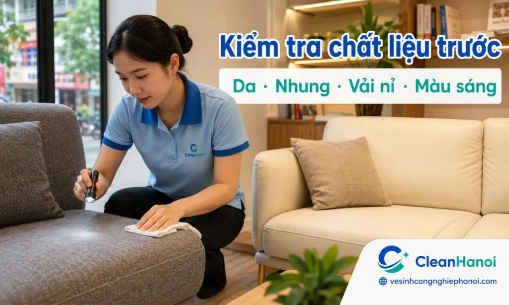 CleanHanoi kiểm tra chất liệu sofa vải, nỉ, nhung, da, giả da hoặc sofa màu sáng trước khi vệ sinh để chọn cách xử lý phù hợp, hạn chế loang màu, xù vải hoặc làm ghế quá ẩm.