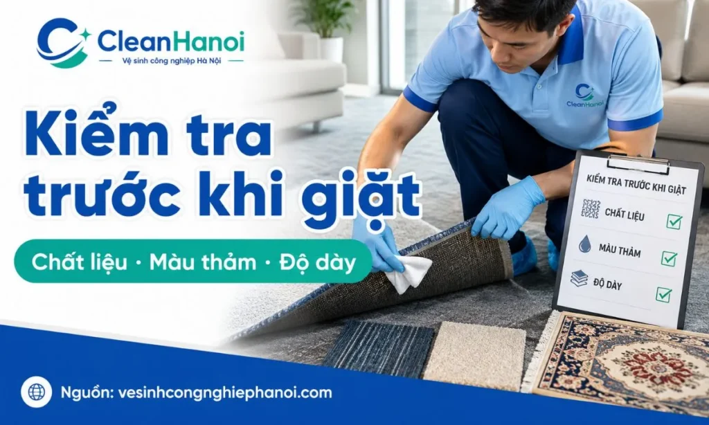 Hình ảnh minh họa bước kiểm tra chất liệu thảm, độ dày, màu sắc, khả năng bền màu và tình trạng vết bẩn trước khi giặt thảm bằng máy phun hút.