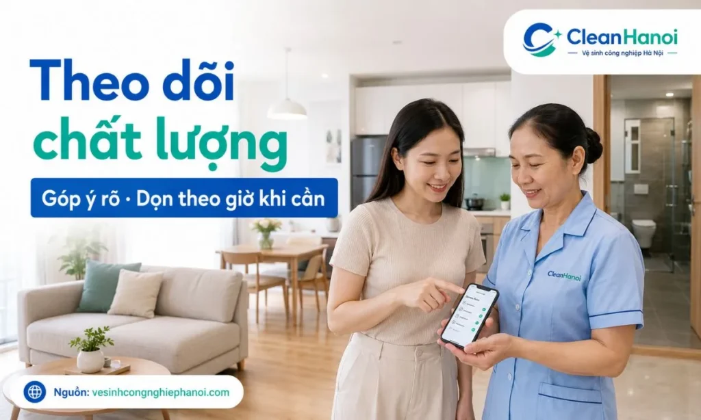 Hình ảnh minh họa chủ nhà kiểm tra chất lượng công việc sau buổi dọn dẹp, góp ý cụ thể và cân nhắc dịch vụ dọn nhà theo giờ khi không cần người giúp việc cố định.
