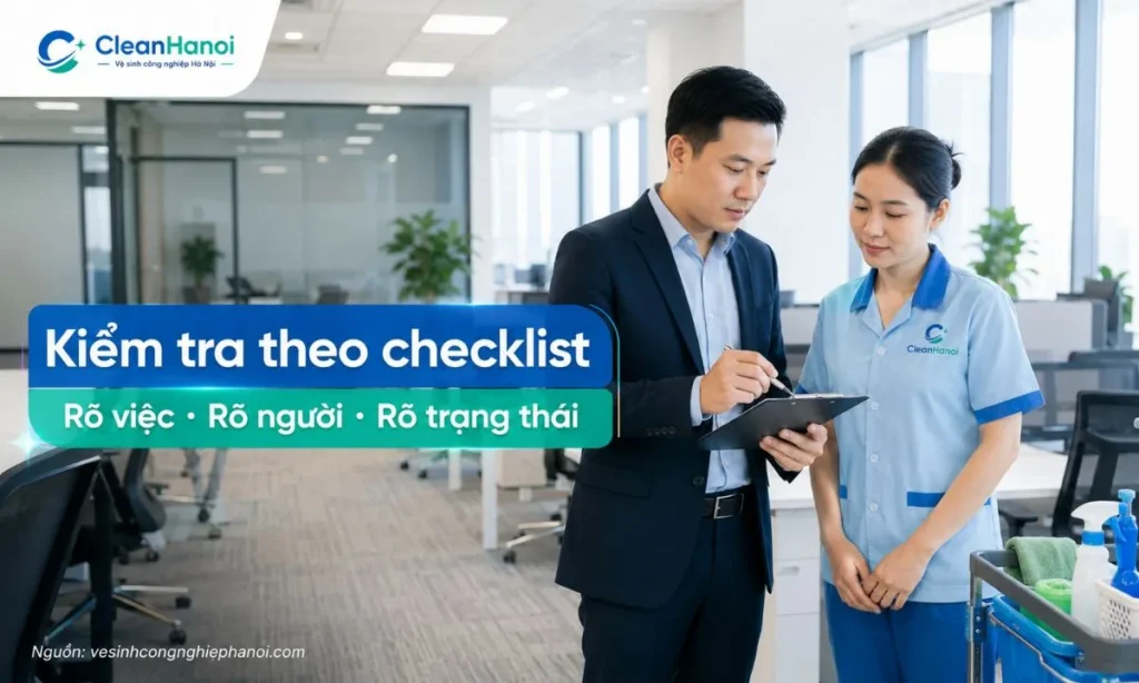 Quản lý văn phòng kiểm tra chất lượng vệ sinh theo checklist, nghiệm thu các khu vực như sàn, kính, toilet, pantry, thảm, ghế và khu tiếp khách.