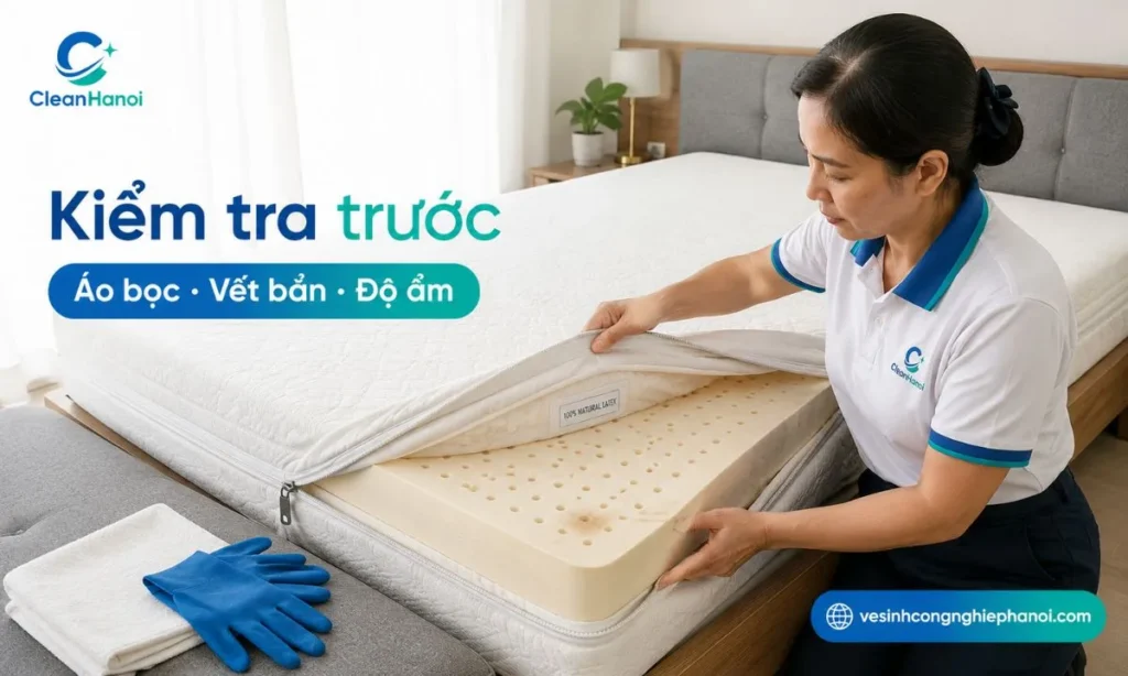 Kiểm tra áo bọc, vết bẩn, độ ẩm và nhãn hướng dẫn trước khi vệ sinh đệm cao su