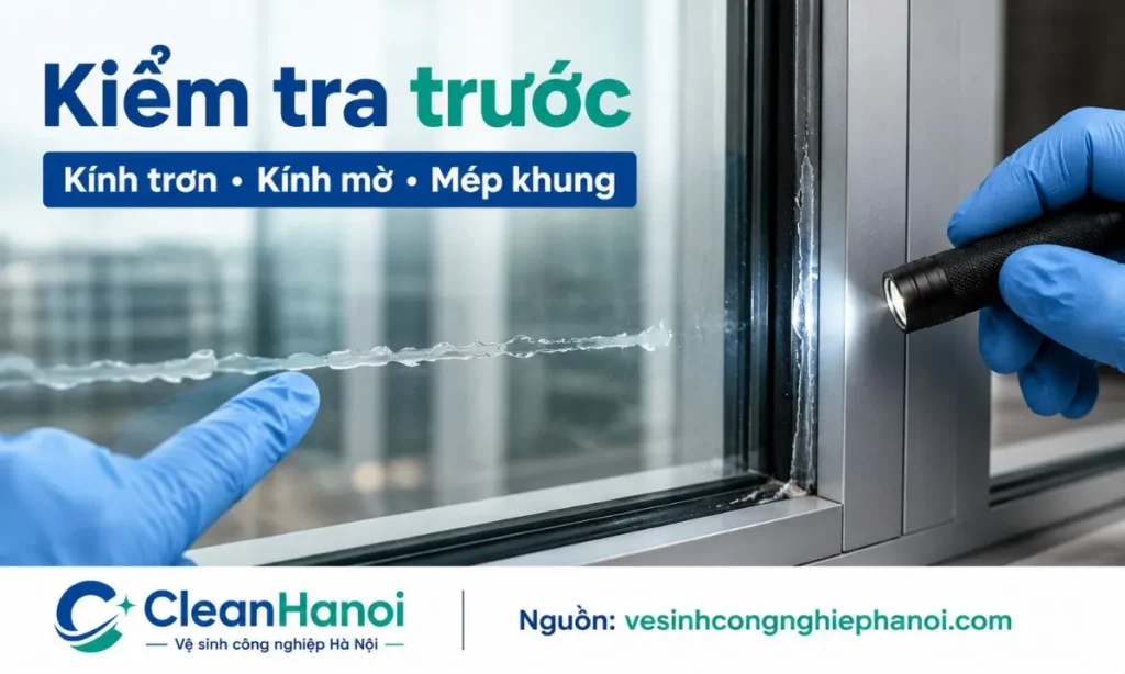 Kiểm tra loại kính và vị trí keo silicon trước khi tẩy