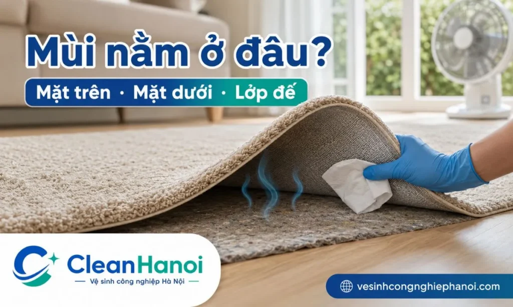 Trước khi khử mùi hôi thảm, cần kiểm tra mặt trên, mặt dưới, lớp đế thảm, sàn bên dưới, vùng ẩm, vết ố, khu vực thú cưng hay nằm và nơi có mùi nặng nhất.