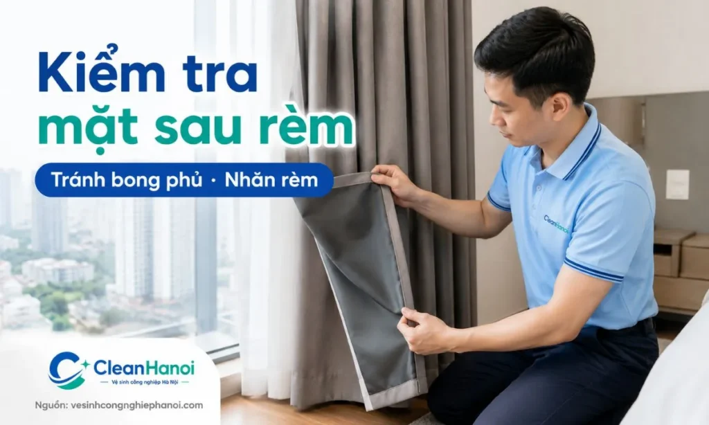 CleanHanoi kiểm tra mặt sau rèm cản sáng, rèm cao su, rèm cuốn, rèm cầu vồng hoặc rèm roman trước khi tư vấn tháo giặt hay vệ sinh tại chỗ.