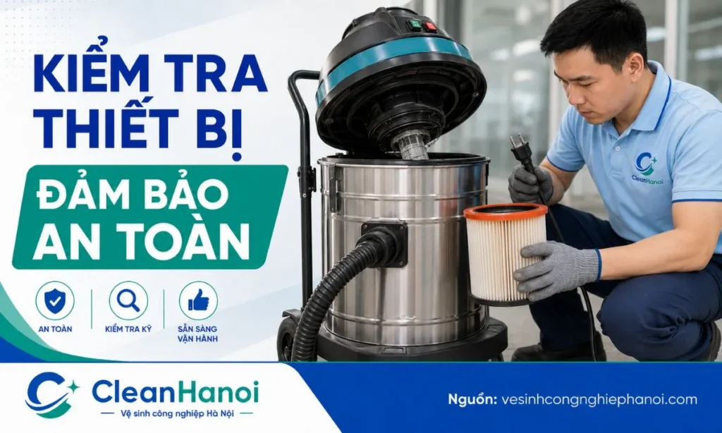 Nhân viên kỹ thuật kiểm tra an toàn máy hút bụi công nghiệp trước khi dọn dẹp nhà xưởng