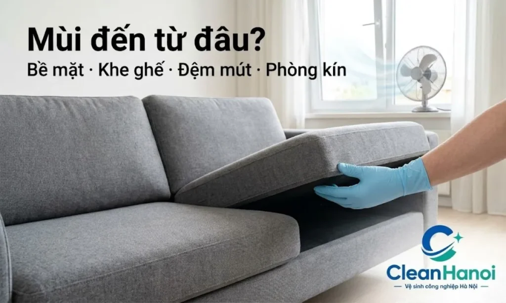 Trước khi khử mùi sofa, cần kiểm tra sofa còn ẩm không, mùi nặng ở bề mặt, khe ghế, mặt dưới đệm hay do phòng kín, tường ẩm và thiếu thông gió.