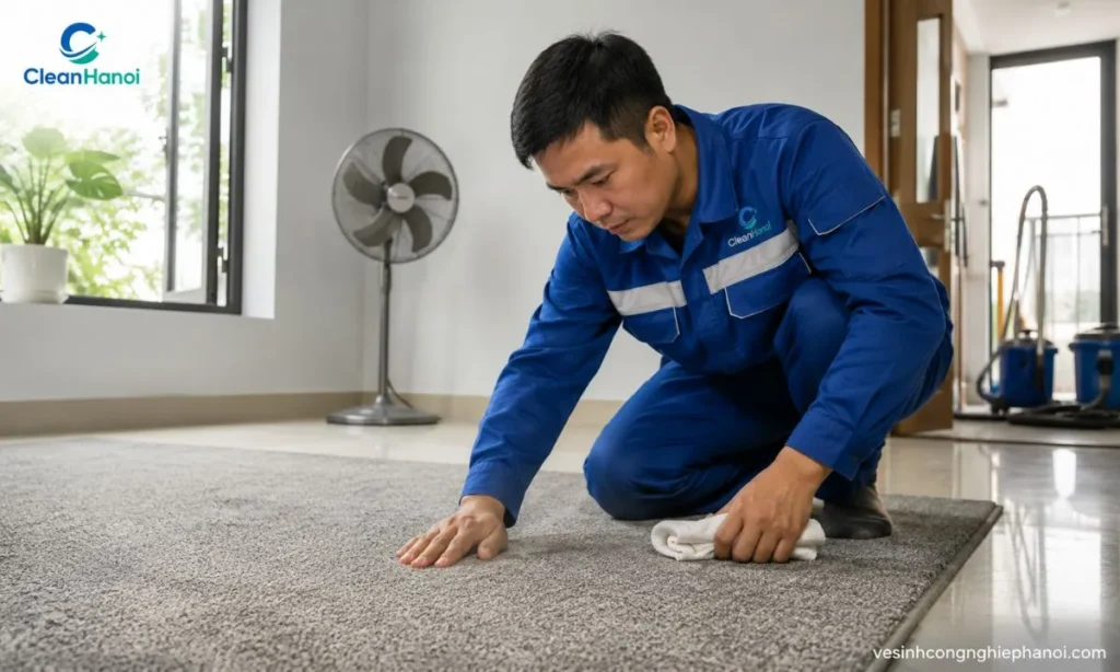 Nhân viên CleanHanoi kiểm tra bề mặt và độ ẩm của thảm sau khi giặt