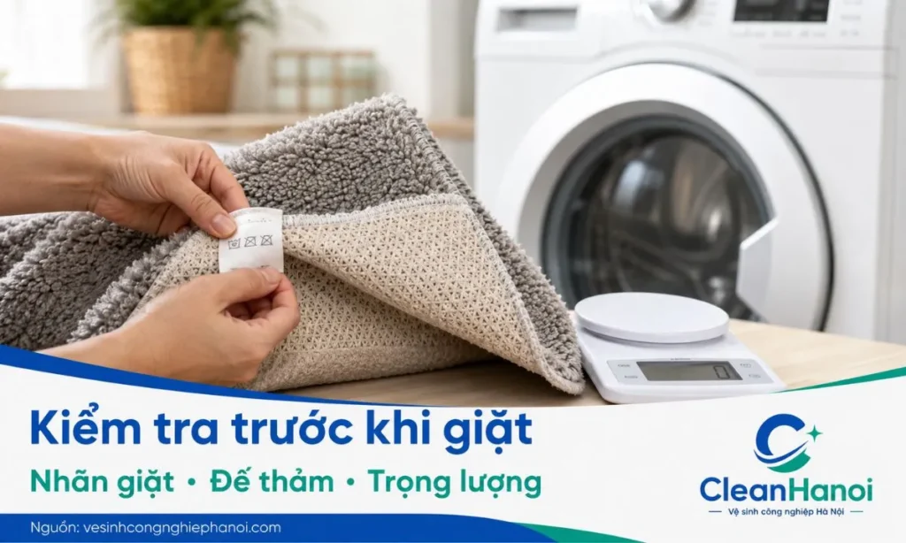 Trước khi giặt thảm bằng máy giặt, cần kiểm tra nhãn hướng dẫn, chất liệu, kích thước, trọng lượng khi ngấm nước và phần đế cao su hoặc đế keo để tránh hỏng thảm và quá tải máy.