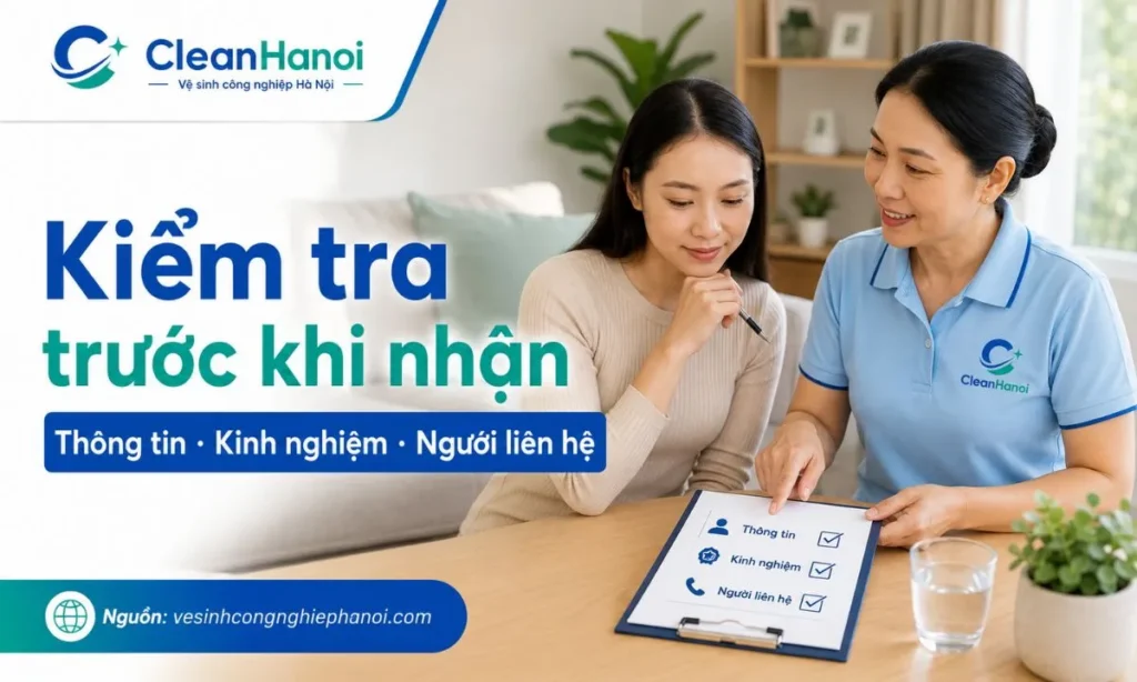Hình ảnh minh họa bước kiểm tra thông tin người giúp việc trước khi nhận, gồm giấy tờ tùy thân, số điện thoại, địa chỉ liên hệ, kinh nghiệm làm việc và người giới thiệu.