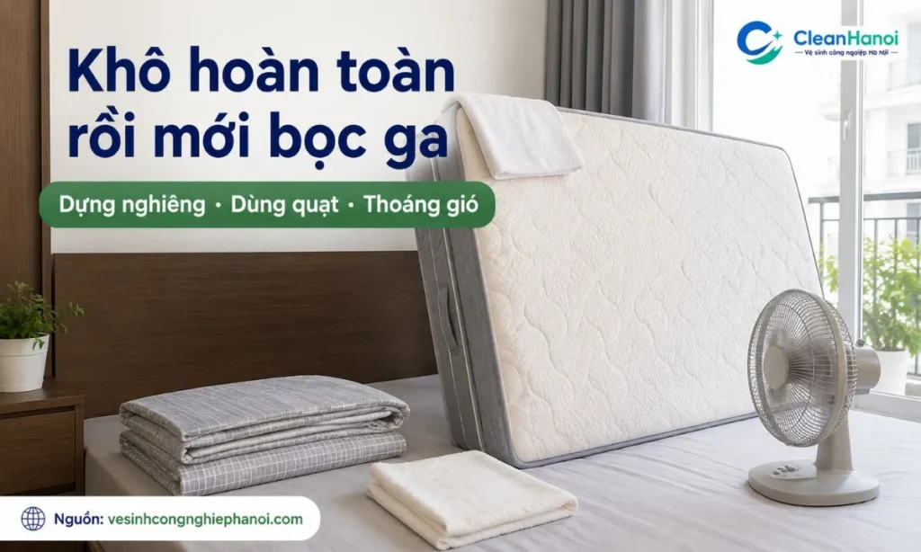 Sau khi vệ sinh đệm xốp, cần dùng khăn khô thấm nhiều lần, dựng nghiêng đệm nếu phù hợp, dùng quạt thổi ngang, mở cửa phòng và chỉ bọc ga khi đệm đã khô hoàn toàn.