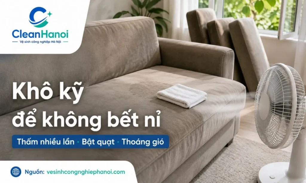 Sau khi vệ sinh sofa nỉ, cần dùng khăn khô thấm nhiều lần, bật quạt, mở cửa phòng, kiểm tra các vị trí dễ giữ ẩm và chỉ sử dụng lại khi sofa đã khô hoàn toàn.