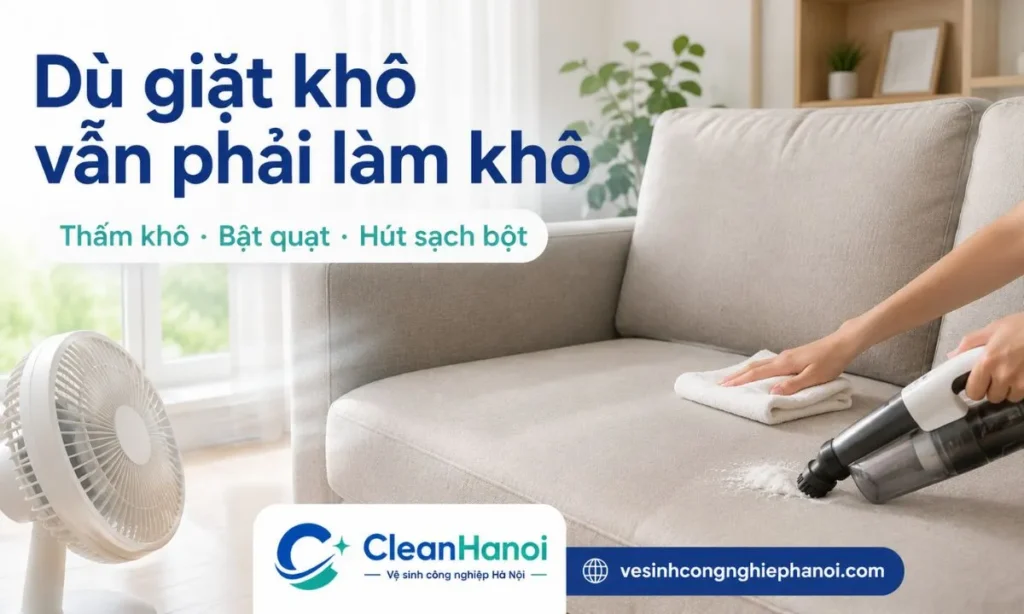 Sau khi giặt khô sofa tại nhà, cần thấm khô nhiều lần, bật quạt, mở cửa phòng, kiểm tra khe ghế và chỉ sử dụng lại khi sofa đã khô hoàn toàn.