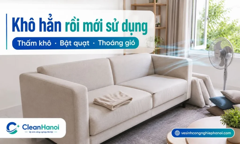 Sau khi vệ sinh sofa, cần dùng khăn khô thấm lại nhiều lần, bật quạt, mở cửa phòng, kiểm tra khe ghế và chỉ sử dụng lại khi bề mặt cùng phần đệm đã khô hoàn toàn.