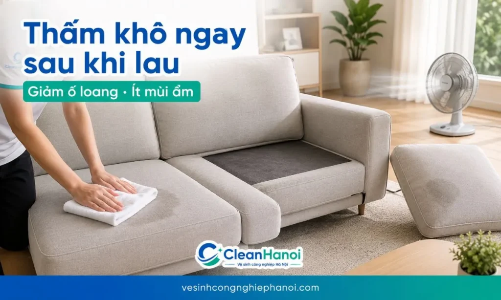 Sau khi vệ sinh sofa vải, cần dùng khăn khô thấm nhiều lần, bật quạt, mở cửa phòng, kiểm tra khe ghế và chỉ sử dụng lại khi bề mặt cùng đệm mút đã khô hoàn toàn.