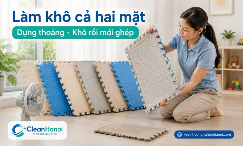 Sau khi vệ sinh thảm xốp, nên lau khô bề mặt, dựng từng miếng ở nơi thoáng gió, làm khô cả hai mặt và chỉ ghép lại khi thảm đã khô hoàn toàn.
