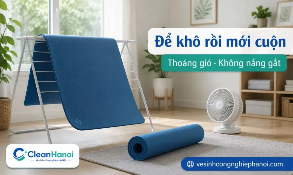 Sau khi vệ sinh thảm yoga, nên để thảm ở nơi thoáng gió, dùng quạt nếu cần, tránh nắng gắt, tránh máy sấy nhiệt cao và chỉ cuộn thảm khi đã khô hoàn toàn.