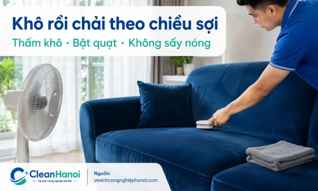 Sau khi vệ sinh sofa nhung, cần thấm khô bằng khăn mềm, để ghế khô tự nhiên ở nơi thoáng gió, dùng quạt hỗ trợ và chải lại theo chiều sợi khi bề mặt gần khô để hạn chế bết hoặc xô nhung.