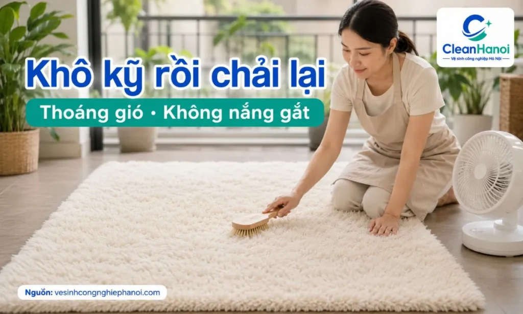 Sau khi giặt thảm lông cừu, cần thấm bớt ẩm bằng khăn khô, hong ở nơi thoáng gió, dùng quạt hỗ trợ nếu cần và chải nhẹ theo chiều lông khi thảm đã khô.
