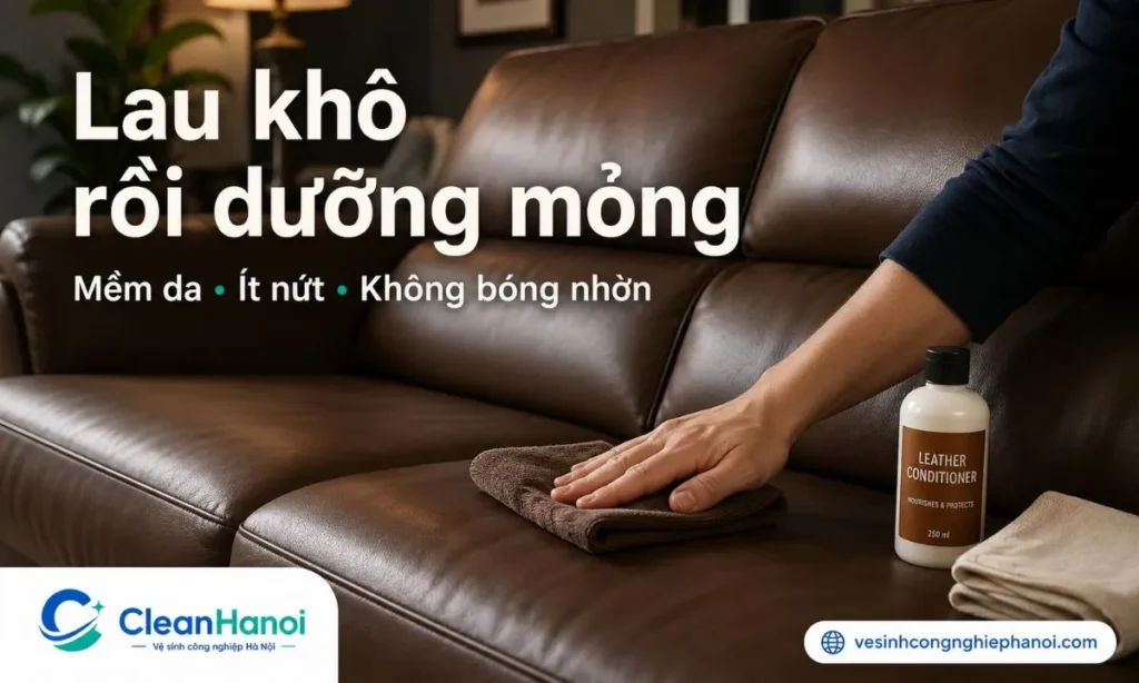 Sau khi vệ sinh sofa da, cần lau khô bằng khăn mềm, để sofa khô tự nhiên ở nơi thoáng và dùng lớp dưỡng da mỏng nếu chất liệu phù hợp để hạn chế khô, nứt hoặc xỉn bề mặt.