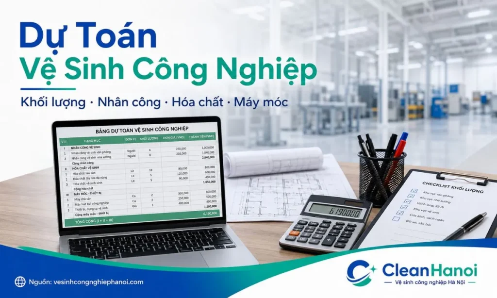 Hình ảnh minh họa quá trình lập dự toán vệ sinh công nghiệp dựa trên bóc tách khối lượng, định mức nhân công, hóa chất, vật tư tiêu hao, khấu hao máy móc và chi phí dự phòng.