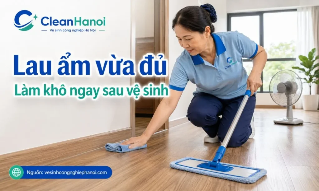 Lau ẩm sàn gỗ công nghiệp bằng khăn microfiber và làm khô ngay sau vệ sinh