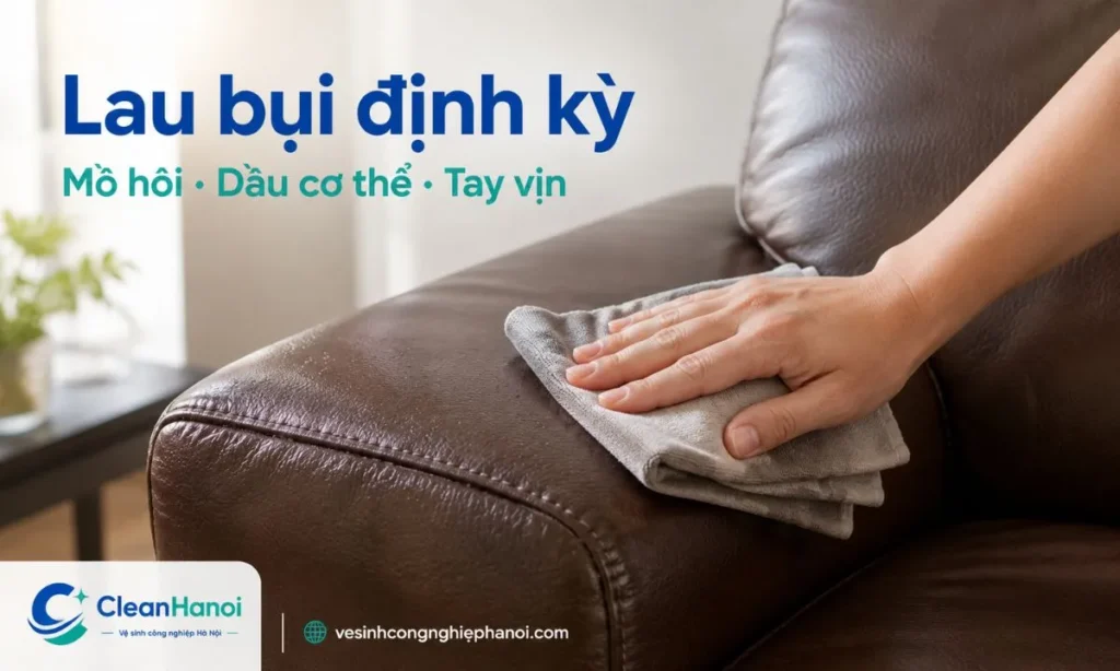 Sofa da nên được lau bụi định kỳ bằng khăn microfiber mềm, tập trung ở tay vịn, lưng tựa và đệm ngồi để giảm mồ hôi, dầu cơ thể, mỹ phẩm và bụi bám lâu ngày.