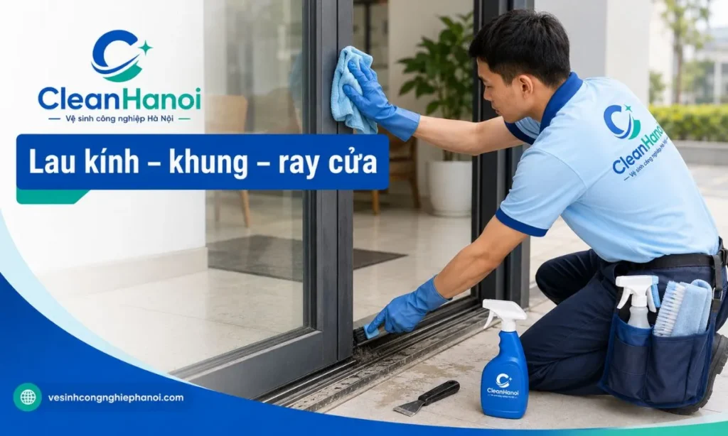 Hình ảnh nhân viên vệ sinh kính, khung nhôm, ray cửa và bề mặt kính tại khu vực văn phòng hoặc cửa hàng