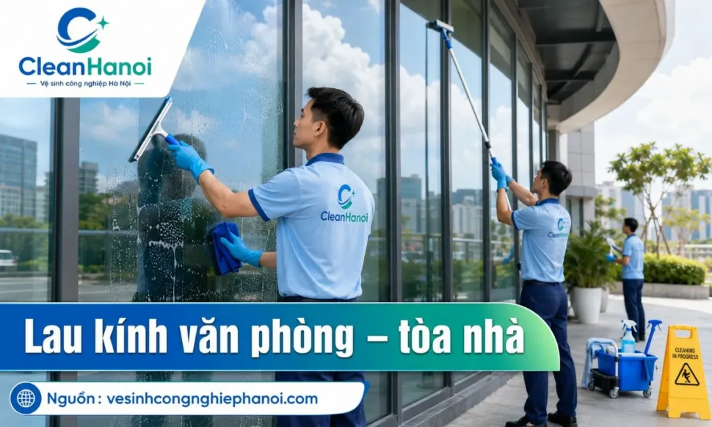 Hình ảnh đội ngũ CleanHanoi nhận lau kính cho văn phòng, cửa hàng, showroom, nhà phố và tòa nhà tại Hà Nội.