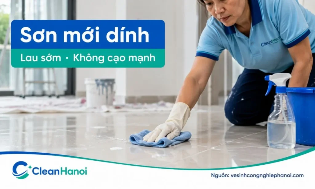 Lau sơn nước mới dính trên nền gạch bằng khăn ẩm và nước ấm