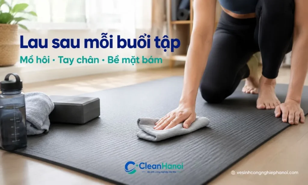 Sau mỗi buổi tập, nên lau thảm yoga bằng khăn khô hoặc khăn ẩm vắt ráo, tập trung vào vùng tay, chân, lưng và khu vực có mồ hôi, sau đó để thảm khô thoáng trước khi cuộn.