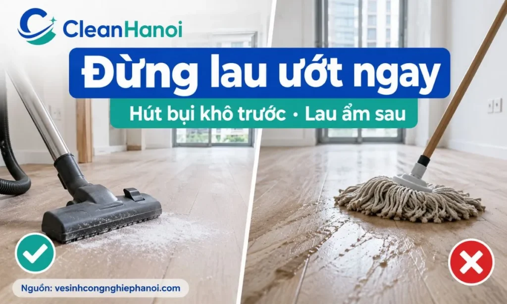 Lau ướt khi chưa hút sạch bụi mịn có thể tạo vệt bùn trên sàn và khe gạch