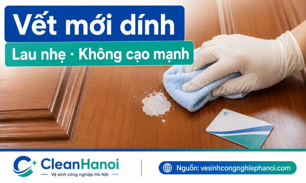 Lau vết sơn mới dính trên gỗ bằng khăn mềm và thẻ nhựa
