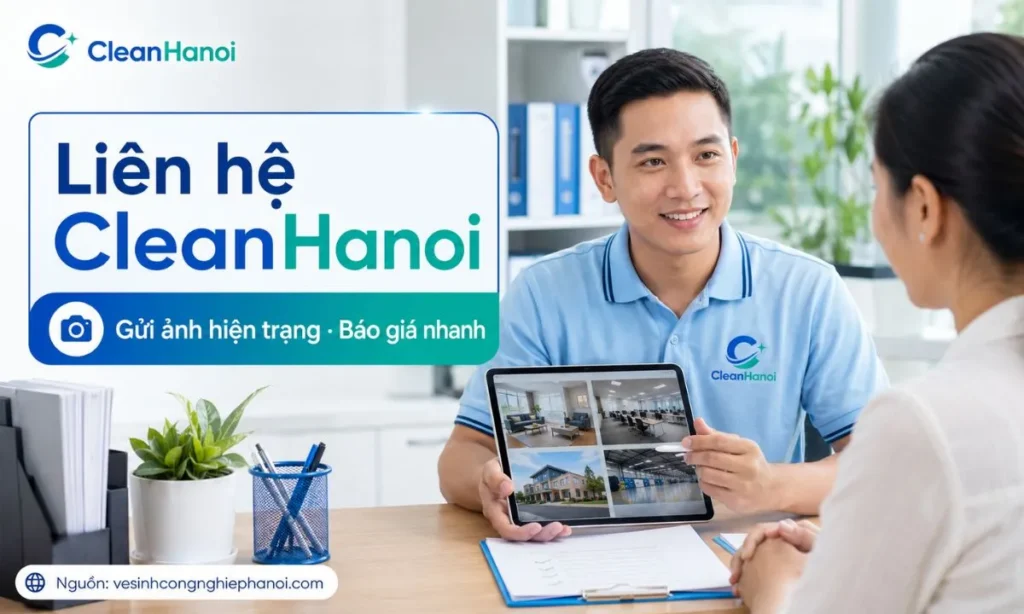 Trang liên hệ CleanHanoi giúp khách hàng gửi ảnh hoặc video hiện trạng qua Hotline, Zalo, email để được tư vấn hạng mục vệ sinh và báo giá trước khi thi công tại Hà Nội.
