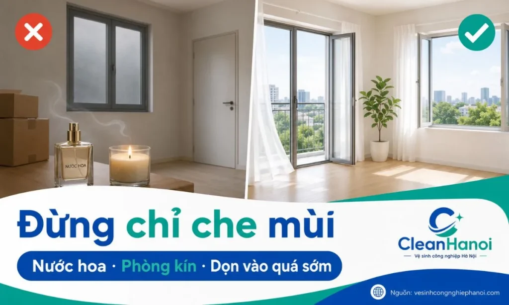 Hình ảnh cảnh báo các lỗi khi khử mùi sơn nhà mới như xịt nước hoa để che mùi, đốt nến trong phòng kín, đóng kín cửa hoặc dọn vào ở quá sớm khi mùi sơn còn nồng.