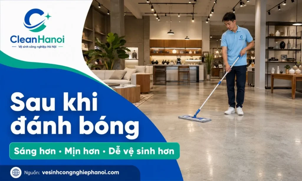 Hình ảnh minh họa sàn bê tông sau khi đánh bóng có bề mặt sáng, mịn, sạch hơn và thuận tiện hơn cho việc vệ sinh định kỳ trong kho, showroom hoặc mặt bằng thương mại.