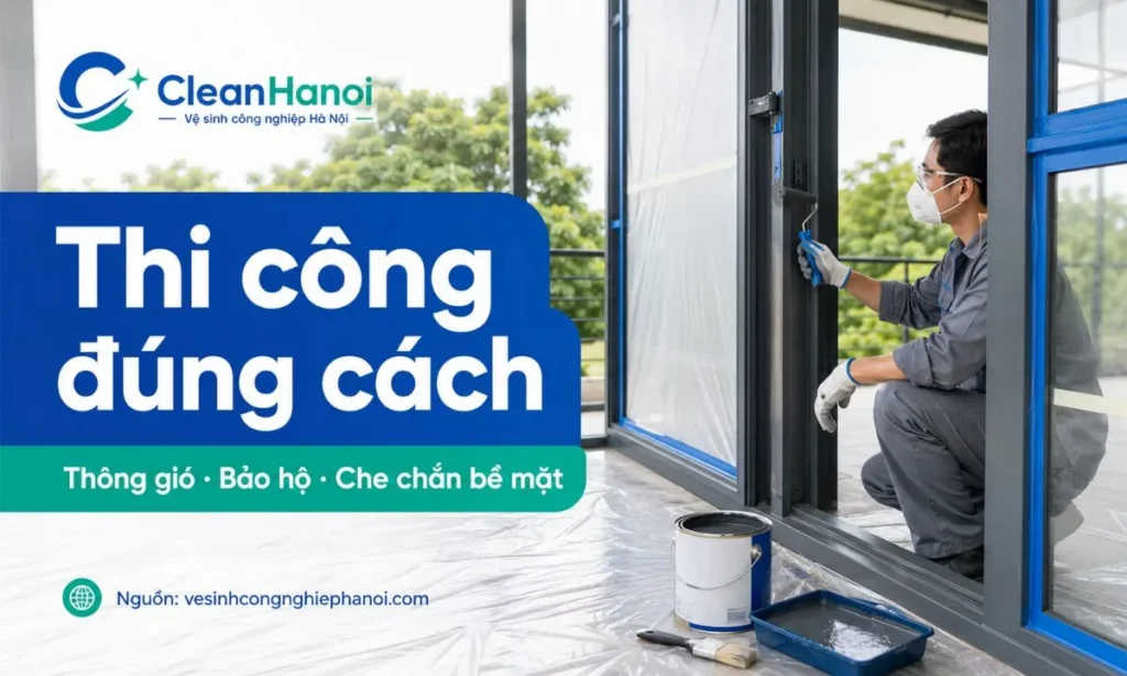Hình ảnh minh họa các lưu ý khi sử dụng sơn Alkyd như thi công nơi thông thoáng, dùng găng tay, khẩu trang, pha sơn đúng tỷ lệ, tránh nguồn lửa và che chắn sàn, kính, đồ nội thất trước khi sơn.