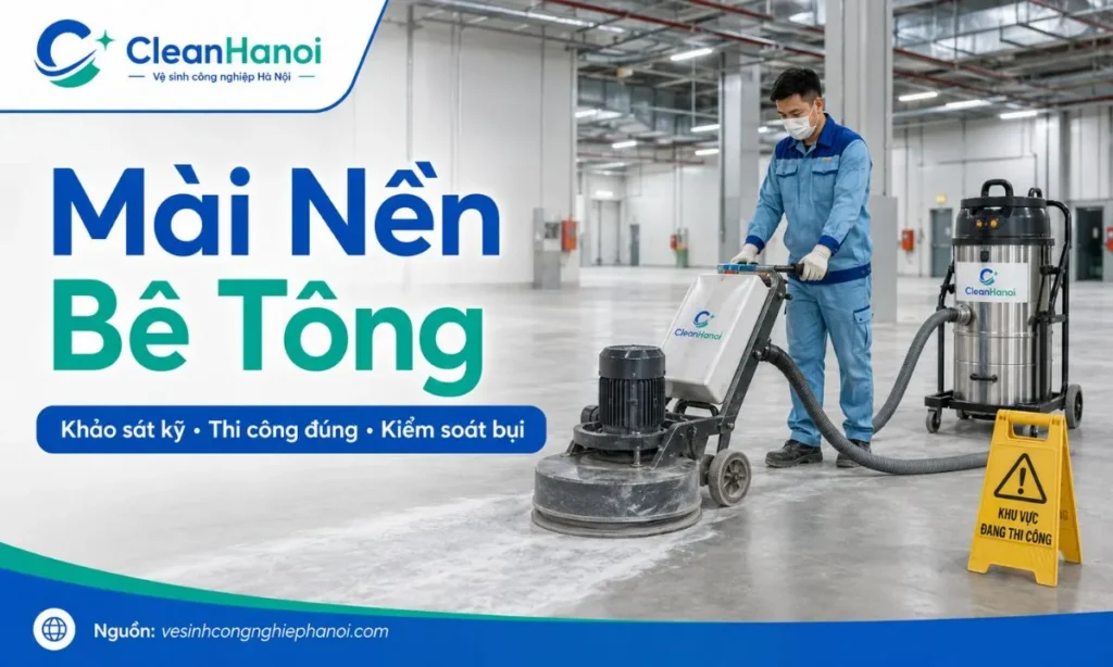 Hình ảnh minh họa thi công mài nền bê tông bằng máy mài sàn công nghiệp, kiểm soát bụi, chọn đúng đĩa mài và chuẩn bị mặt bằng trước khi xử lý nền.