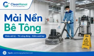 Hình ảnh minh họa thi công mài nền bê tông bằng máy mài sàn công nghiệp, kiểm soát bụi, chọn đúng đĩa mài và chuẩn bị mặt bằng trước khi xử lý nền.