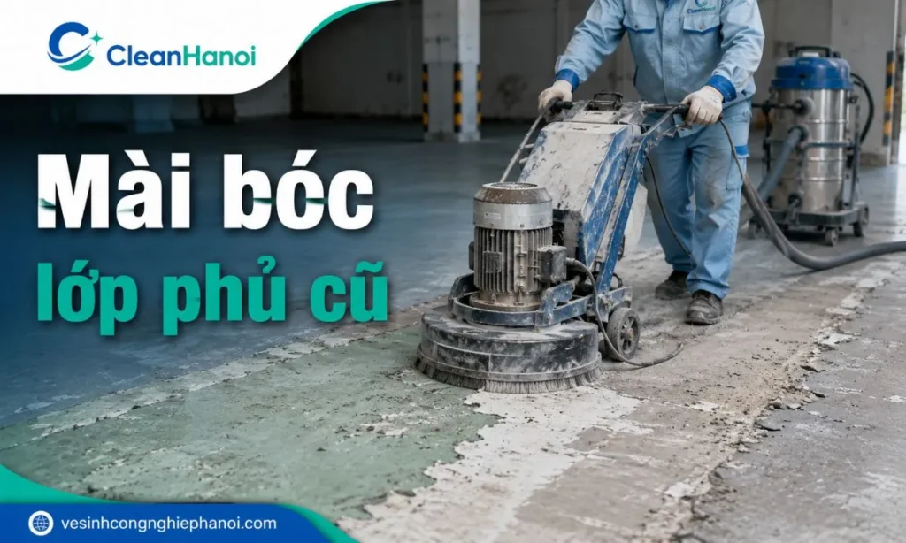 Ảnh thể hiện hạng mục mài bóc lớp phủ cũ trên sàn bê tông, gồm sơn cũ, keo, vữa, xi măng hoặc bề mặt bám bẩn lâu ngày.