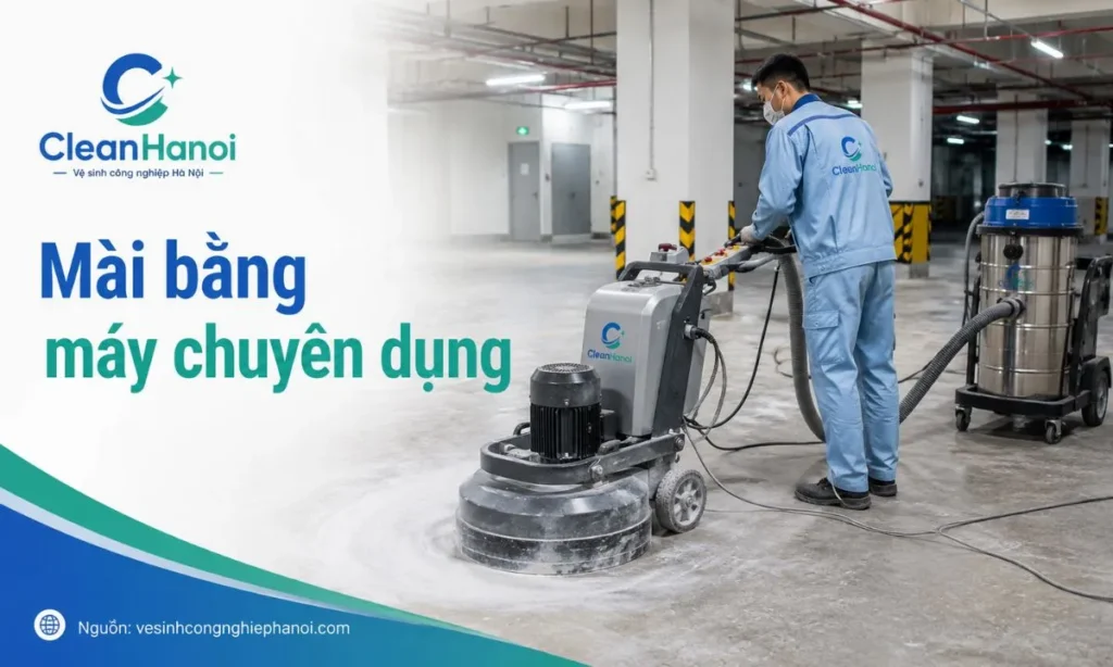Ảnh minh họa quá trình mài sàn bê tông bằng máy mài chuyên dụng, phù hợp cho nhà xưởng, kho, gara, tầng hầm và mặt bằng lớn.