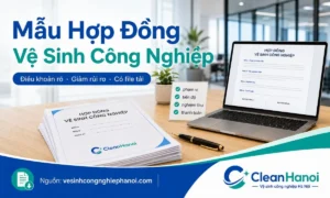 Hình ảnh minh họa mẫu hợp đồng vệ sinh công nghiệp, gồm phạm vi công việc, tiến độ, thanh toán, nghiệm thu, điều khoản đền bù và phụ lục đi kèm.