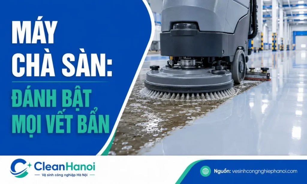 Kỹ thuật viên CleanHanoi đang điều khiển máy chà sàn liên hợp tự động để bóc tách vết dầu mỡ sàn nhà xưởng