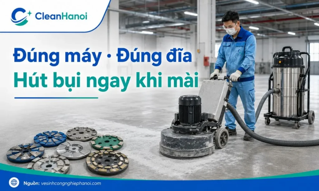 Hình ảnh minh họa thi công mài nền bê tông bằng máy mài sàn, đĩa mài phù hợp, máy hút bụi công nghiệp và đồ bảo hộ để kiểm soát bụi mịn trong khu vực thi công.