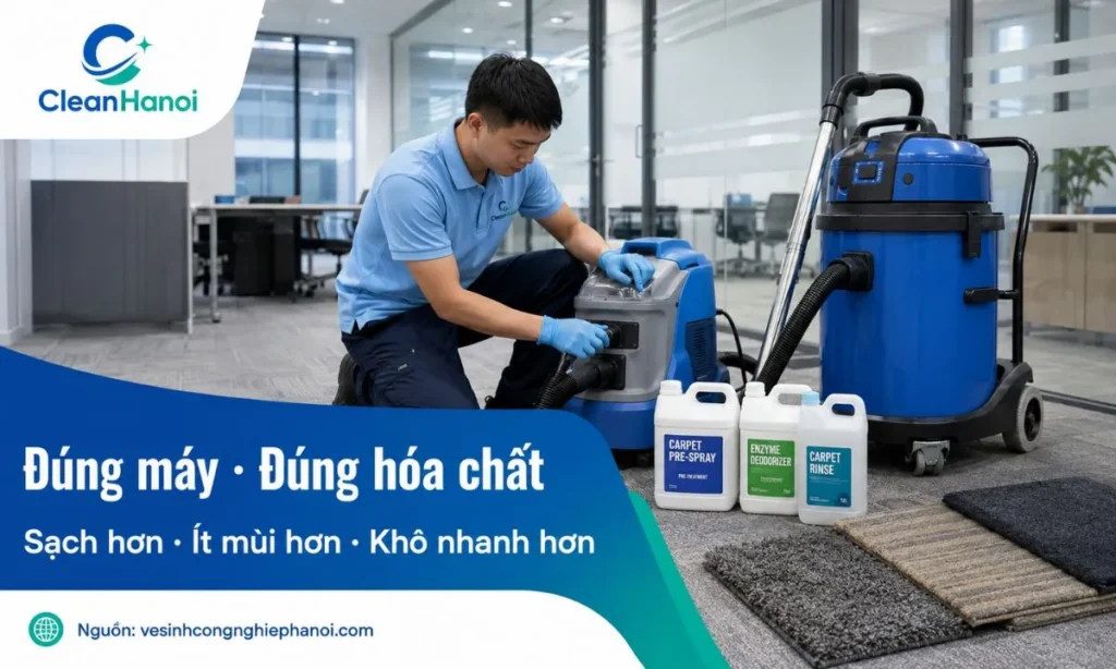 Máy móc và hóa chất giặt thảm cần phù hợp với chất liệu, màu sắc và mức độ bẩn của thảm