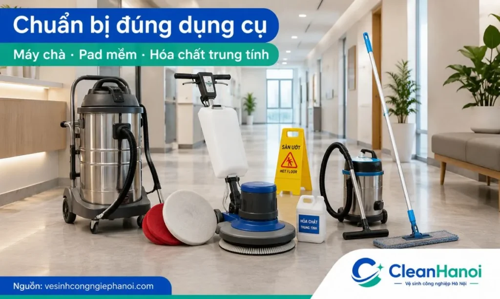 Hình ảnh minh họa bộ dụng cụ vệ sinh công nghiệp sàn vinyl gồm máy hút bụi, máy chà sàn, pad mềm, máy hút nước, cây lau microfiber, biển cảnh báo sàn ướt và hóa chất trung tính.