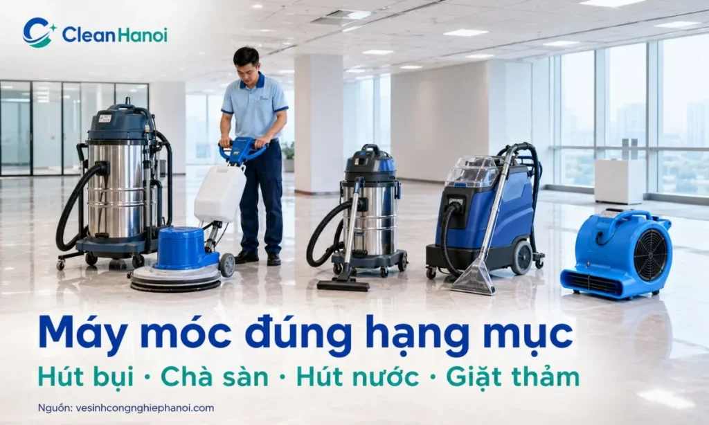 Máy hút bụi công nghiệp, máy chà sàn, máy hút nước và máy giặt thảm trong vệ sinh công nghiệp